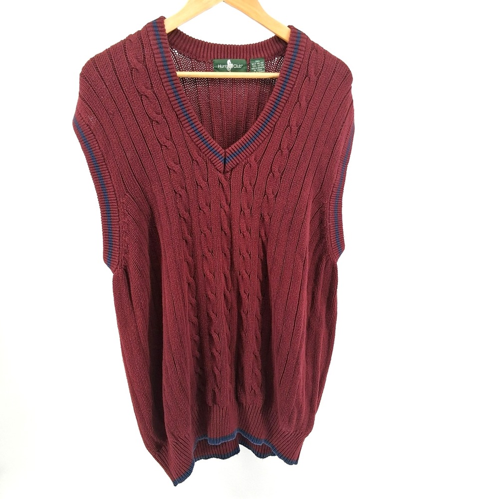 Hunt Club Burgundy‎ Sweater Vest Cable Knit Blue Trim Mens Sz XLT Tall Varsity
